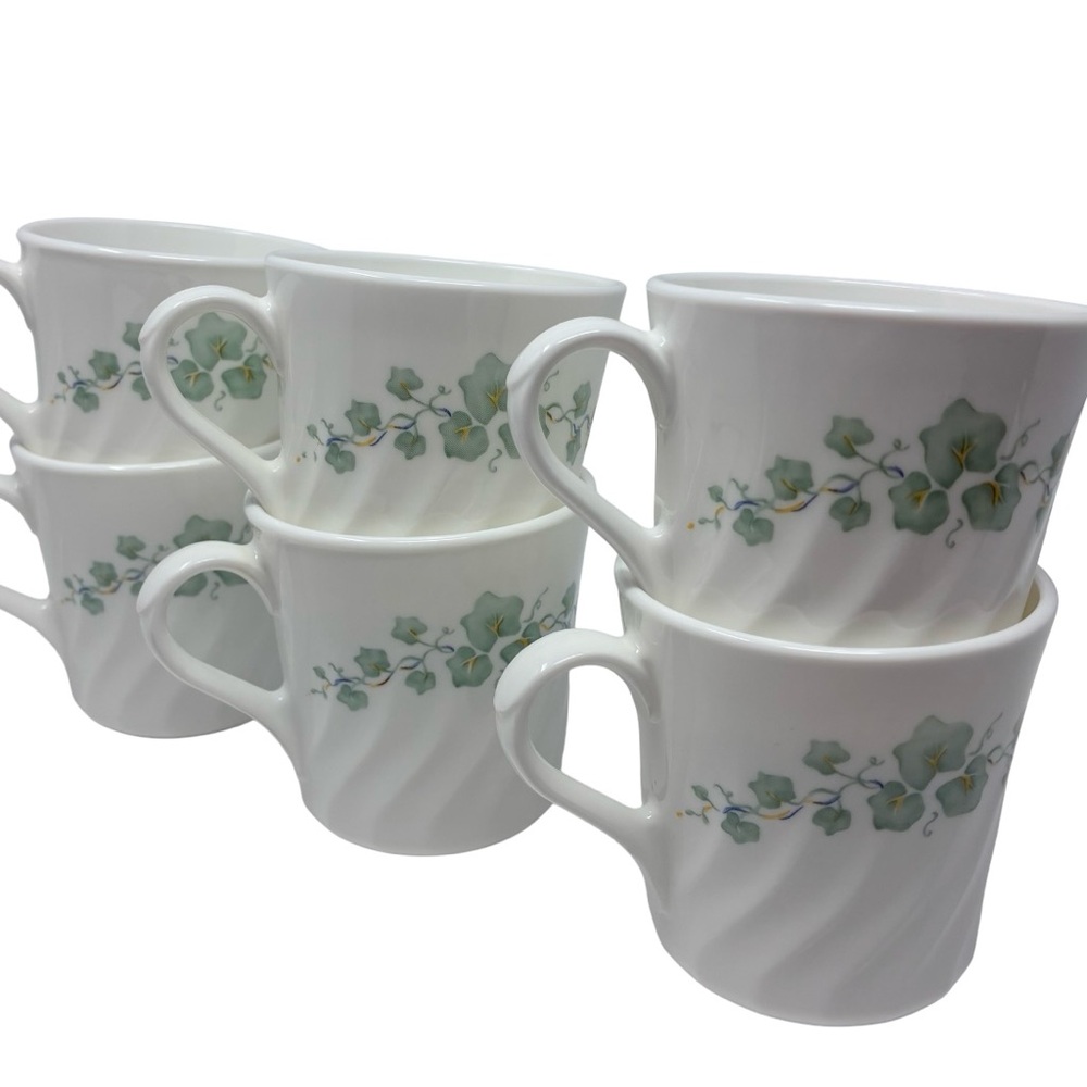 Corning Corelle Callaway Green Ivy Swirl Mugs 6 Piece USA Vintage Coffee Tea Cup